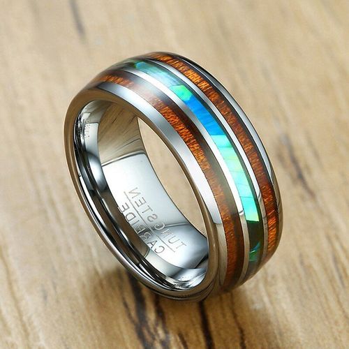Bagues En Acier Inoxydable Argenté 8mm, Incrustation De Bois De Koa Hawaïen Et Coquille D'ormeau, Bijoux De Mariage Pour Hommes