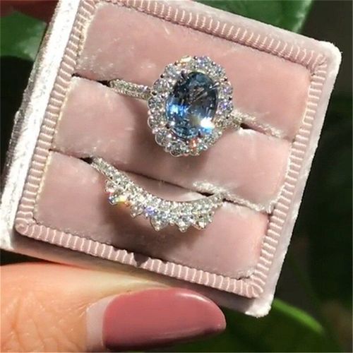 Ensemble De Bagues De Fiançailles En Cristal Bleu Naturel Pour Femmes, 2 Pièces/Ensemble, Coupe Ovale À La Mode, Bijoux De Fête De Mariage, Cadeau D'anniversaire