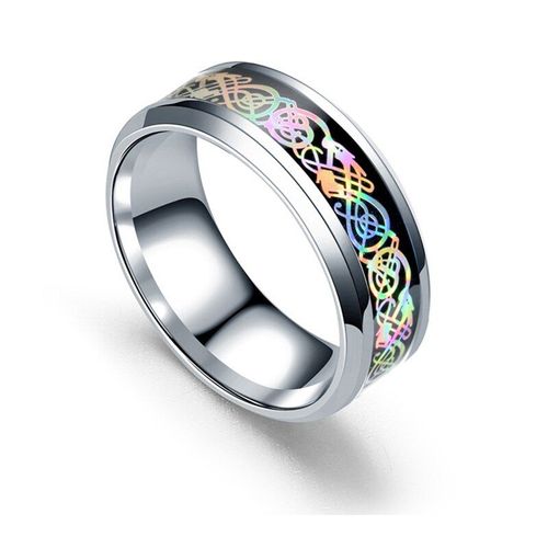 Bague Multicolore En Acier Inoxydable Pour Hommes, 8mm, Incrustation De Couleur Arc-En-Ciel, Dragon Celtique En Fiber De Carbone, Bijoux De Mariage, Taille 6-13