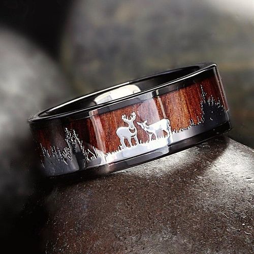 Bague Noire En Carbure De Tungstène Pour Hommes, 8mm, Incrustation En Bois De Koa, Cerf, Chasse, Silhouette, Mode, Bracelet De Mariage, Bijoux Pour Hommes