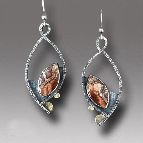 Boucles D'oreilles Ethniques Boho Pour Femmes, Bijoux En Forme De Goutte De Pierre Orange, Style Rétro, Couleur Argent Antique, Longues Feuilles, Bijoux De Bande De Mariage