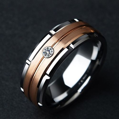Bague En Acier Biseauté Pour Hommes, Anneau À Double Rainure De 8mm, Incrustation En Or Rose Brossé, Aaa, Bracelet De Mariage, Bijoux Cadeau