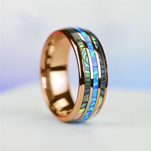Bagues De Mariage En Acier Inoxydable Pour Hommes, 8mm, Or Rose, Tungstène, Incrustation, Coquille D'abalone, Opale Bleue, Bijoux De Bande