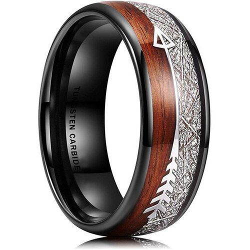 Bague En Acier Inoxydable Noir Incrusté De Météorite Rouge/Bleu Pour Hommes, 8mm, Flèche Argentée, Dôme Poli, Bijoux De Bande De Mariage