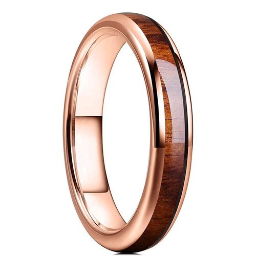 Bague En Acier Inoxydable Pour Femmes Et Hommes, 4mm, Or Rose, Bombée Avec Incrustation En Bois De Koa, Bague De Promesse, Bijoux De Fête De Mariage Pour Femmes