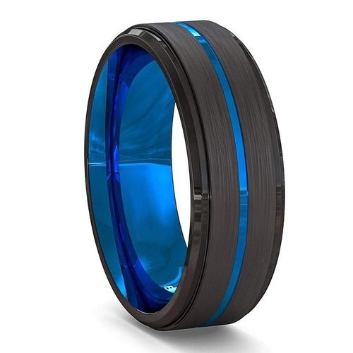 Bagues De Couple En Acier Inoxydable Brossé Noir Pour Hommes Et Femmes, Anneau De Promesse À Rainure De Ligne Bleue Fine, Bijoux De Fête De Mariage, 4mm 8mm