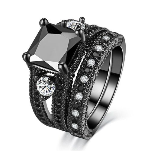 Bague En Pierre De Zircon Noir Pour Femme, Magnifique Bague De Mariage, Bijoux De Fiançailles, Couleur Or Noir, 18kt, 2 Pièces/Ensemble