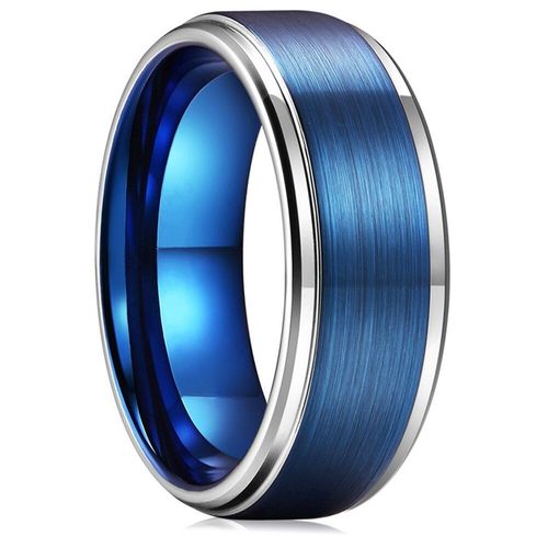 Bague En Acier Inoxydable Brossé Bleu Pour Hommes, 8mm, Bord De Couleur Argent, Bijoux De Mariage, Cadeau, Taille 6-13