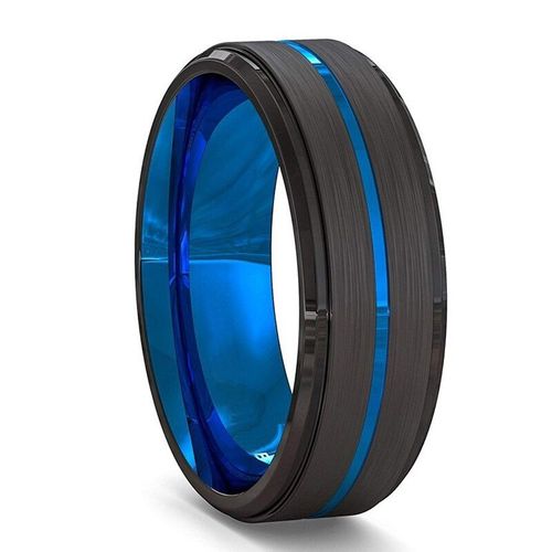 Bague En Acier Inoxydable Pour Hommes, 8mm, Noir Brossé, Bord De L'échelle, Couleur Noire, Rainure Bleue, Cadeau De Mariage, Taille 6-13
