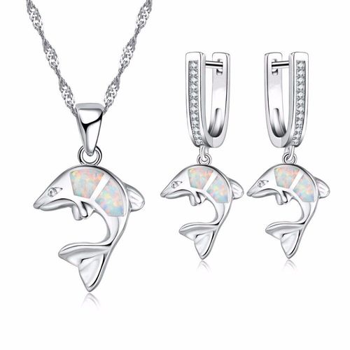 Ensemble D'accessoires Imitation Dauphin Pour Femmes, Collier Et Boucles D'oreilles, Imitation Opale De Feu Bleue, Bijoux De Mariage
