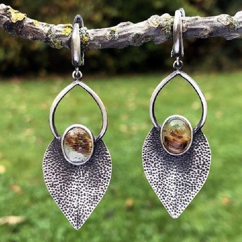 Boucles D'oreilles Ethniques Boho Pour Femmes, Bijoux En Forme De Goutte De Pierre Orange, Style Rétro, Couleur Argent Antique, Longues Feuilles, Bijoux De Bande De Mariage