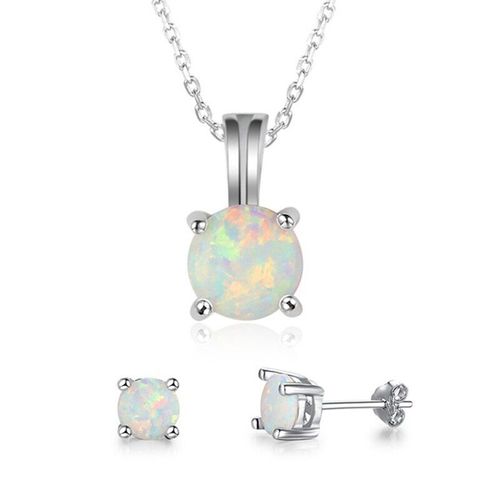 Ensemble D'accessoires En Opale Pour Femmes, Collier Et Boucles D'oreilles Rondes, Imitation Opale De Feu Bleue, Bijoux De Mariage