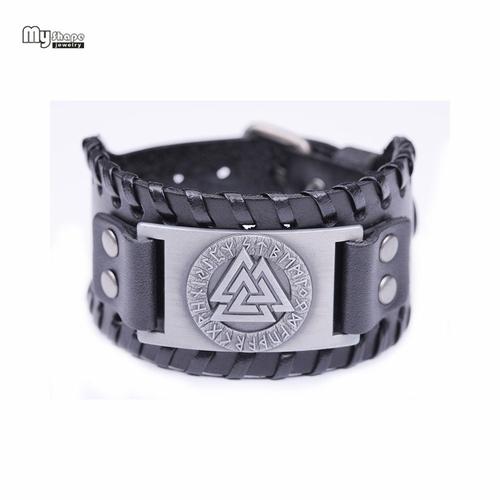 Bracelet En Cuir Pour Hommes, Amulette, Style Scandinave, Viking, Nordique, Valknut, Avec Gravure En Métal