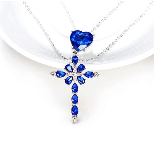 Collier Avec Pendentif En Croix De C¿Ur En Cristal Bleu Pour Femme, Bijoux Ras Du Cou, Accessoires De Fête Élégants, À La Mode
