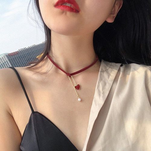 Collier Chaîne De Perles Coeur Rouge Pour Femmes, Bijoux Ras Du Cou, Simple, À La Mode Coréenne, Cadeaux De Saint-Valentin, Fête De Mariage
