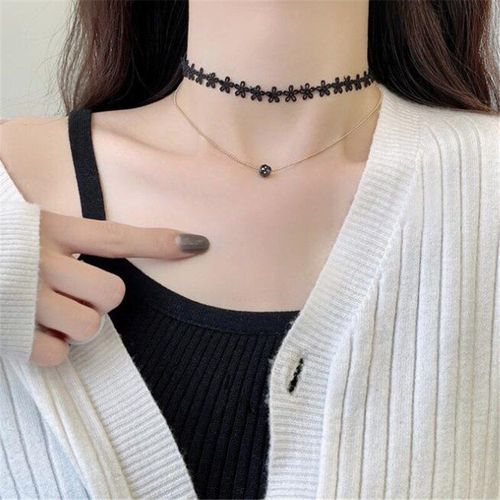 Collier Ras Du Cou En Dentelle Noire Pour Femmes, Double Perle, Chaîne Clavicule, Bijoux De Fête