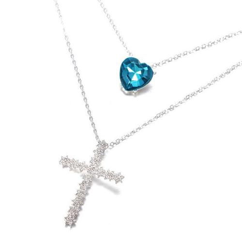 Collier Créatif En Forme De C¿Ur En Cristal Bleu Pour Femmes, Pendentif À Double Chaîne, À La Mode, Bijoux Cadeau De Fête De Mariage