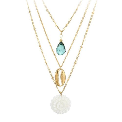 Pendentif Coquillage De Fleur Blanche, Collier Charmant, Ras Du Cou Multicouches En Or, Bijoux De Fête En Cristal Vert À La Mode Pour Femmes