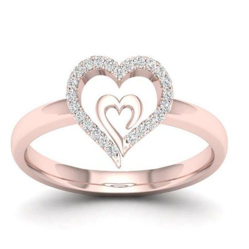 Bague Double En Forme De C¿Ur En Cristal Or Rose, Pour Femmes, Bague De Fiançailles, De Mariage, Cadeau Romantique Pour La Saint-Valentin