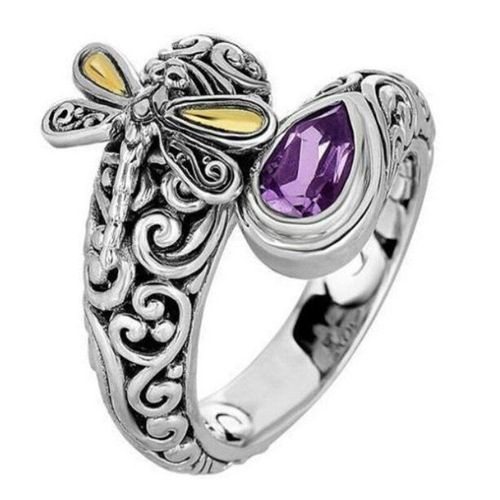 Bague Libellule Vintage En Cristal Violet, Couleur Argent, Accessoire De Doigt Simple Pour Dame, Bijoux D'insecte, Cadeaux Pour Femmes