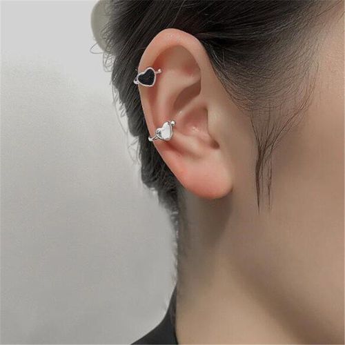Mini Boucles D'oreilles En Forme De C¿Ur Pour Femmes, Simple, Noir Et Blanc, Métal, Argent, Non Percé, Simple, Mode, Accessoires, Bijoux