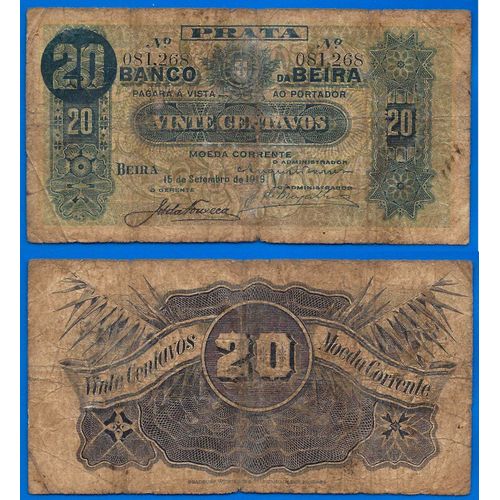 Mozambique 20 Centavos 1919 Banco Da Beira Billet Portugal Livre Colonie