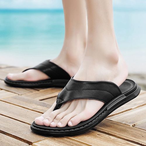 Jumpmore-Pantoufles En Cuir Pour Hommes,Tongs D'été Noires,Taille 39-44