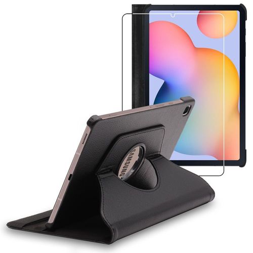 Ebeststar - Coque + Film Verre Samsung Galaxy Tab S6 Lite 10.4" P610 P615 Housse Etui Protection Vitre Pu Cuir Support Rotatif 360, Noir [Dimensions Tablette : 244.5 X 154.3 X 7 Mm, Écran 10.4'']