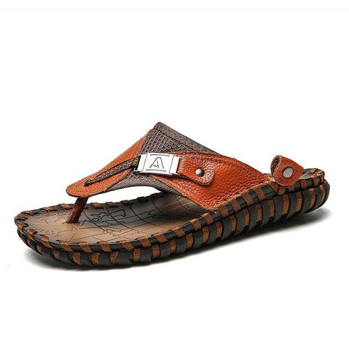 Pantoufles En Cuir Faites À La Main Pour Hommes,Tongs D'extérieur,Pantoufles Légères,Chaussures Plates Respirantes,Tongs De Plage,Grande Taille 38-48,Mode Estivale