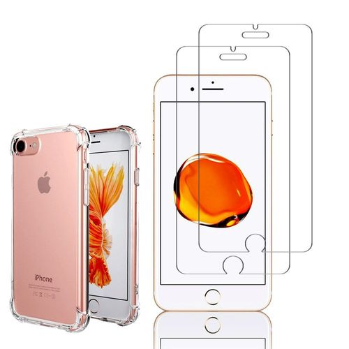 Coque Silicone Tpu Souple Pour Apple Iphone 7 4.7" Anti-Choc Ultra Résistant Avec Coins Renforcés - Transparent + 2 Films Verre Trempé - Transparent