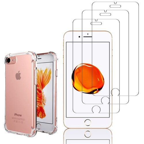 Coque Silicone Tpu Souple Pour Apple Iphone 7 4.7" Anti-Choc Ultra Résistant Avec Coins Renforcés - Transparent + 3 Films Verre Trempé - Transparent