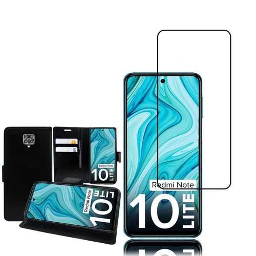 Etui Portefeuille Pour Xiaomi Redmi Note 10 Lite 6.67" Support Video Cuir Pu - Noir + 1 Film Verre Trempé - Noir