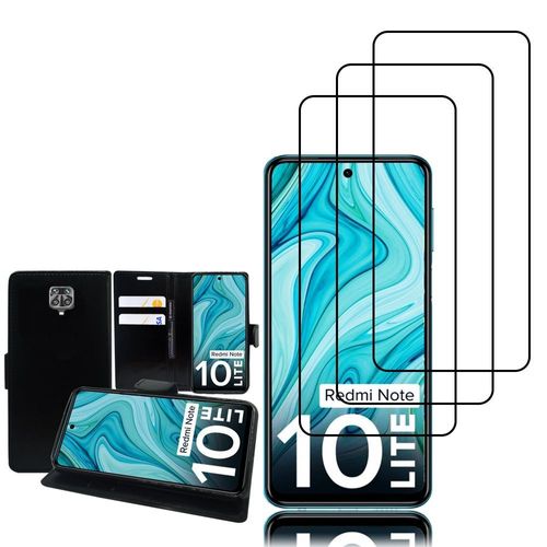Etui Portefeuille Pour Xiaomi Redmi Note 10 Lite 6.67" Support Video Cuir Pu - Noir + 3 Films Verre Trempé - Noir