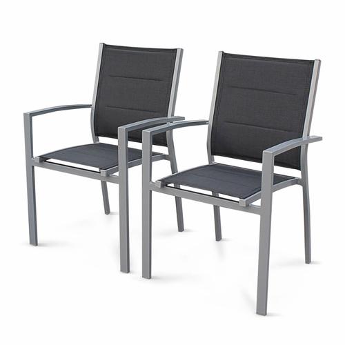 Lot De 2 Fauteuils - Chicago / Odenton - En Aluminium Gris Et Textilène Gris Foncé. Empilables