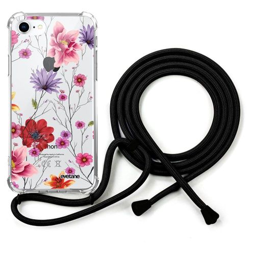 Coque Cordon Iphone 7/8/ Iphone Se 2020 Noir Dessin Fleurs Multicolores Evetane