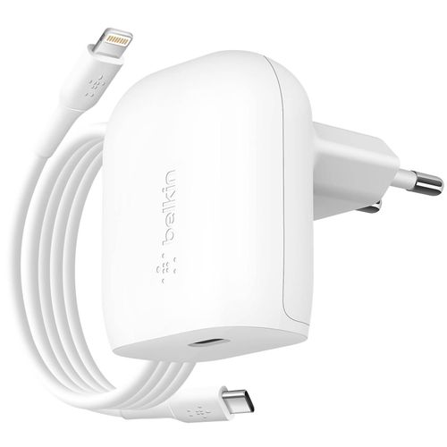 Chargeur Secteur USB C 20W Format Plat Câble USB C vers Lightning 1m BelkinBlanc