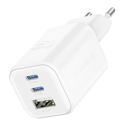 Chargeur Mural 2 USB C GaN 65W + USB 18W Charge Rapide Design Compact Swissten Blanc