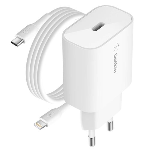 Chargeur Secteur USB C 25W Format Plat Câble USB C vers Lightning 1m BelkinBlanc