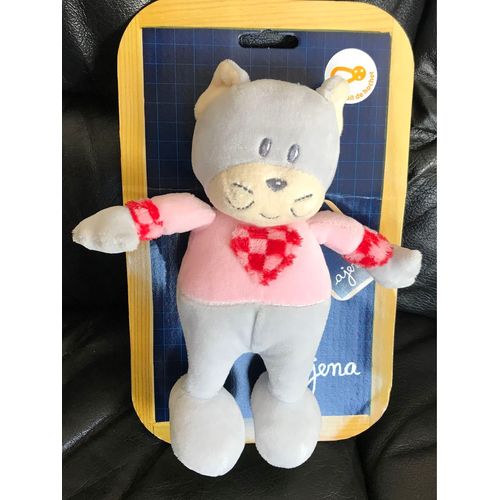 Peluche Doudou Chat Gris Ajena Rose C?ur Rouge Grelot 22 Cm