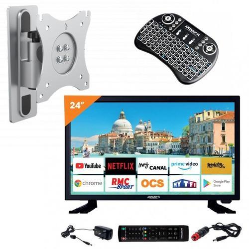Pack ANTARION TV LED 24" 60cm Téléviseur SMART CONNECT + Support TV + Clavier sans fil