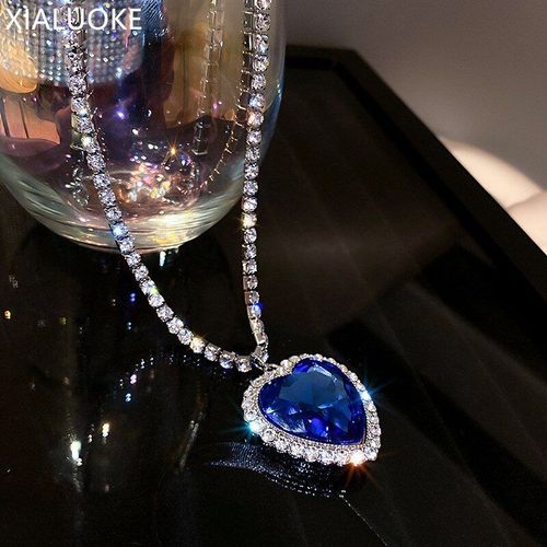 Collier Avec Chaîne En Cristal Mosaïque Pour Femmes, Chaîne Avec Pendentif En C¿Ur Bleu, Longue Chaîne De Chandail, Bijoux, Mode Coréenne
