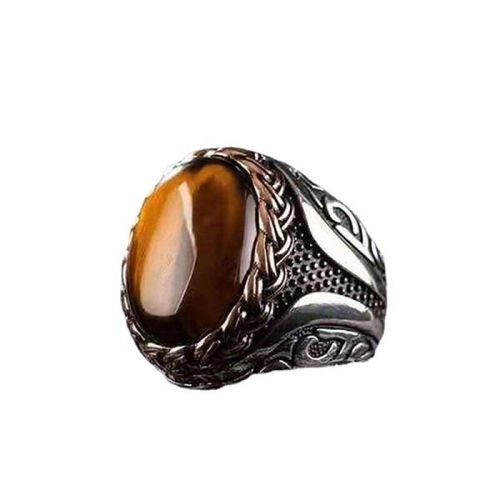 Bagues Vintage Pour Hommes En Pierre D&#39ambre Européenne Et Américaine, Bijoux De Mariage De Fiançailles En Bronze Gaufré Oeil De Tigre En Pierre Précieuse Naturelle