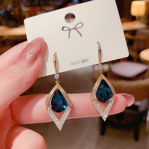 Boucles D'oreilles À Strass En Zircon, Bijoux Géométriques En Cristal Bleu, Tempérament Luxueux, Exquis, Personnalité