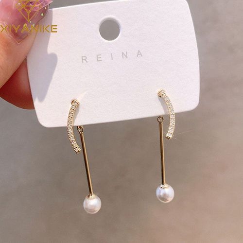 Boucles D'oreilles Géométriques En Strass Doré, Longues, Élégantes, Tendance, Pendentif En Perle, Pour Femmes, Nouveaux Bijoux, 2020