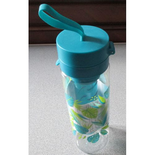 Gourde Plastique Transparente Avec Bouchons Turquoise Et Un Joli Décor De Feuillage - Contenance 750ml - Ne Convient Pas Aux Boisson Chaudes - Non Étanche À 100% - Rangée Dans Un Carton Assorti