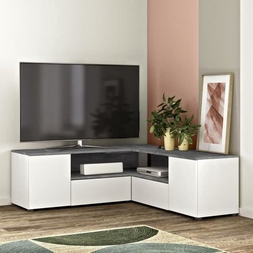 Meuble Tv Angle Blanc Et Béton 130 X 130 - Temahome