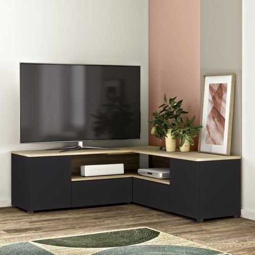 Meuble Tv Angle Noir Et Chêne Naturel 130 X 130 - Temahome