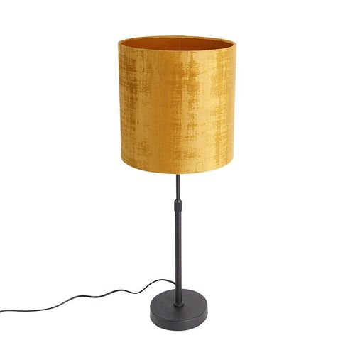 Qazqa Moderne Lampe De Table / Lampe Á Poser / Luminaire / Lumiere / Éclairage Abat-Jour Velours Noir Doré 25 Cm Réglable - Parte Acier /Tissu Doré/Laiton,Noir Cylindre / Lampe De Lecture /...