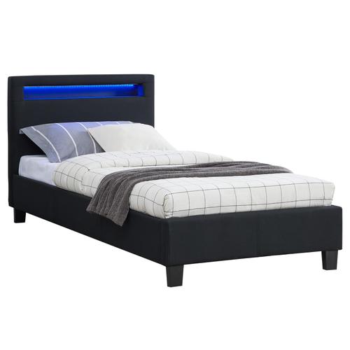 Lit Simple Pour Adulte Ou Enfant Molina Avec Sommier 90x190 Cm 1 Place 1 Personne, Tête De Lit Avec Led Intégrées, En Tissu Noir