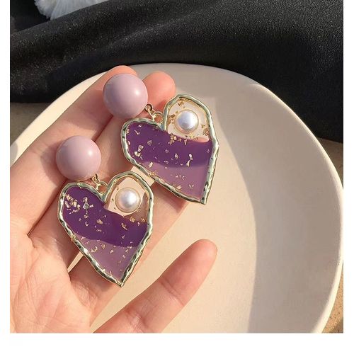 Boucles D'oreilles En Forme De C¿Ur Pour Femme, Bijou Pendant, Romantique, En Perle, Violet, Rose, En Patchwork, Tendance, Été, 2020